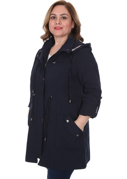 Kadın Büyük Beden Pamuklu Mevsimlik Trençkot 3019 Lacivert/navy 21S32003019