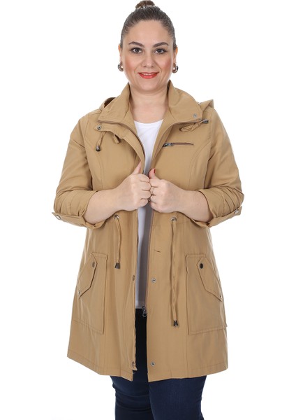 Kadın Büyük Beden Pamuklu Mevsimlik Trençkot 3019 Camel 21S32003019
