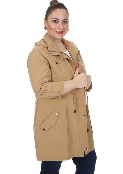 Kadın Büyük Beden Pamuklu Mevsimlik Trençkot 3019 Camel 21S32003019