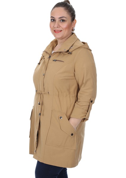 Kadın Büyük Beden Pamuklu Mevsimlik Trençkot 3019 Camel 21S32003019