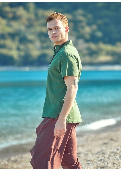 Hakim Yaka Kısa Kollu Dar Kesim Gömlek Yeşil modelleri