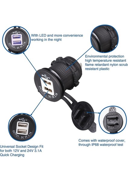 12V Araç Çakmak Soketi Mavi LED 12V Çift USB Şarj Adaptörü