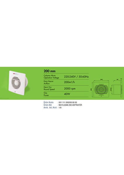 200LÜK Banyo Aspiratörü 2000RPM 40W modelleri