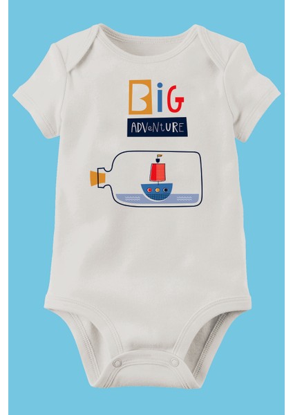 Unisex Bebek Beyaz Big Adventure Organik Baskılı Pamuklu Body