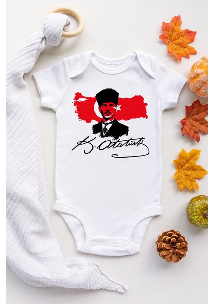 Unisex Bebek Beyaz Atatürk Gazi Mustafa Kemal Bayrak Çıtçıtlı Body