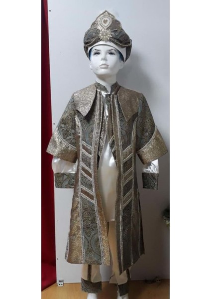 Başak Çocuk Giyim Yırtmaçlı Kaftan Takımı 5/12 Yaş - Yeşil Kahve - 6-7 Yaş