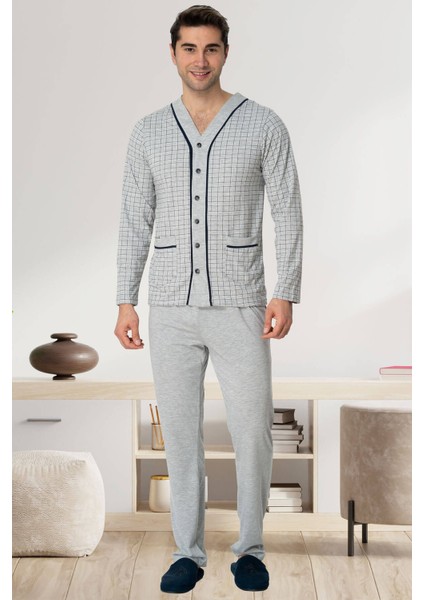 Mecit 22767 Gri Önden Düğmeli Büyük Beden Erkek Pijama Takımı