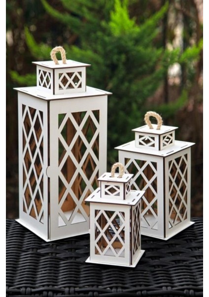 3'Lü Dekoratif Ahşap Beyaz Renk Büyük Boy Mumluk Fener Seti