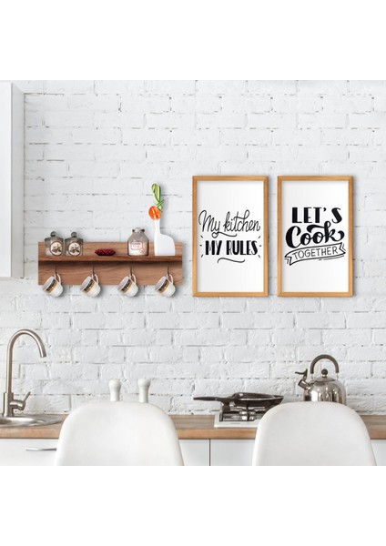 Gift Doğal Ahşap Raflı Dekoratif Fincan Askılığı ve 2’li Mutfak Konseptli Ahşap Tablo-8