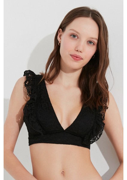 Siyah Casey Deep Frill Bikini Üstü