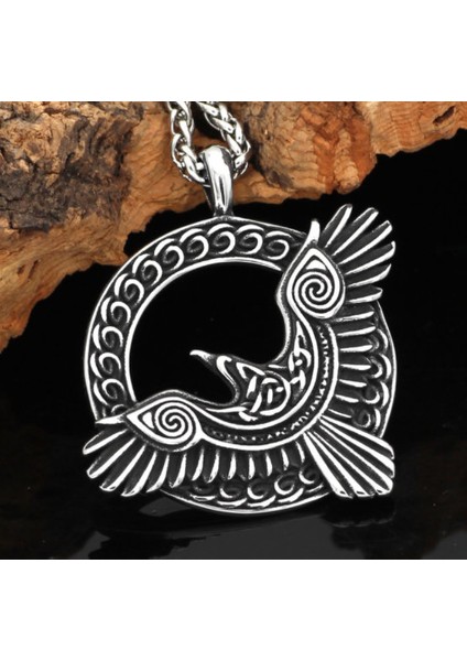 Paslanmaz Çelik Viking Mitoloji Hafıza Simgesi Raven Kuzgun Viking Kolye