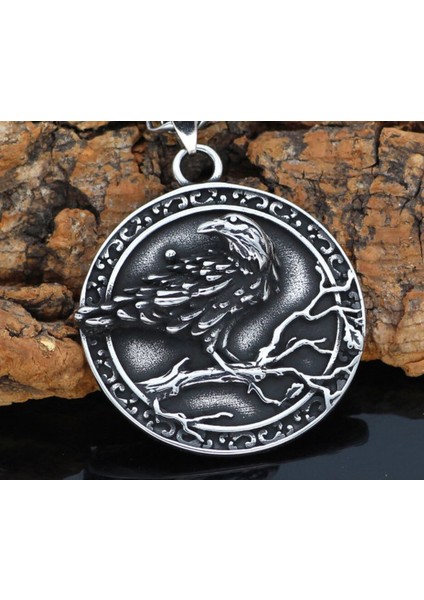 Çift Taraflı Kullanım Paslanmaz Çelik Üç Boyut Viking Mitoloji Hafıza Simgesi Raven Kuzgun Viking Kolye