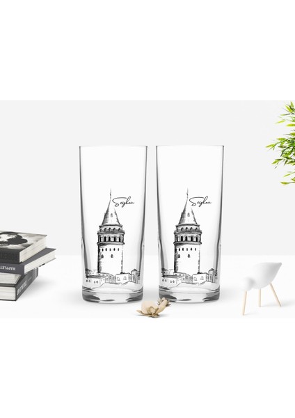 Kişiye Özel Renkli Baskılı Galata Kulesi Tasarımlı İkili Rakı Bardağı Seti-10