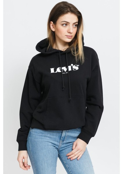 Graphic Standard Hoodie Hoodie New Logo Siyah Kadın Sweatshirt