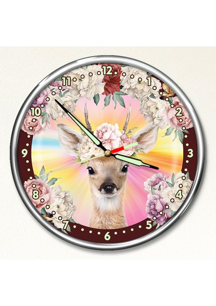 Kırılmaz Cam Premium Gece Parlayan Çiçekli Ceylan Çocuk Odası Duvar Saati
