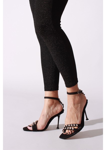 Plus Siyah Suet Taşlı Kadın Topuklu