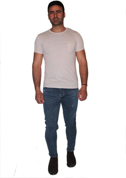 – Erkek Tek Cepli Melanj T-Shirt – Ekru