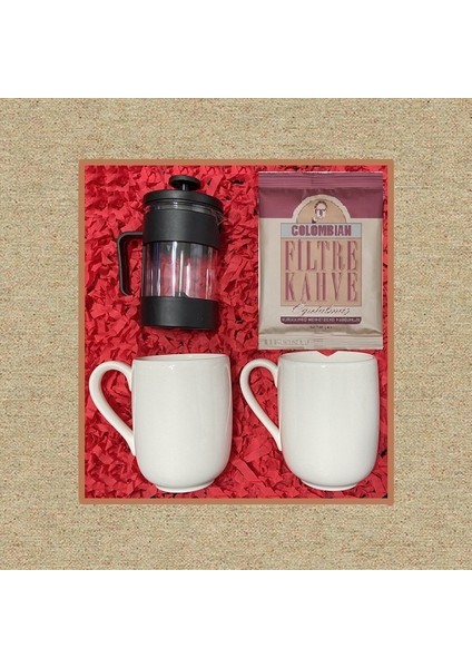 Colombian 80 gr & Siyah French Press & 2 Adet Beyaz Kupa Bardak Hediye Seti
