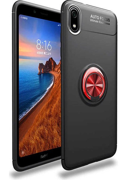 - Xiaomi Redmi 7A - Kılıf Yüzüklü Karbon Ravel Silikon Kapak - Siyah-Kırmızı - T10543