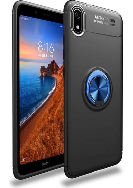 - Xiaomi Redmi 7A - Kılıf Yüzüklü Karbon Ravel Silikon Kapak - Siyah-Mavi - T10543