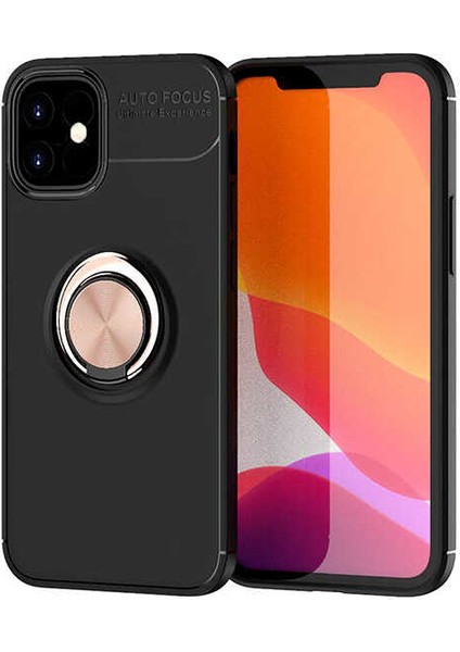 - Apple iPhone 12 Mini - Kılıf Yüzüklü Karbon Ravel Silikon Kapak - Siyah-Rose Gold