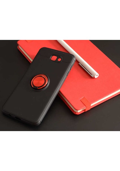 - Samsung Galaxy J7 Prime - Kılıf Yüzüklü Karbon Ravel Silikon Kapak - Siyah-Kırmızı - T5597