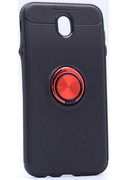 - Samsung Galaxy J7 Pro - Kılıf Yüzüklü Karbon Ravel Silikon Kapak - Siyah-Kırmızı - T5596