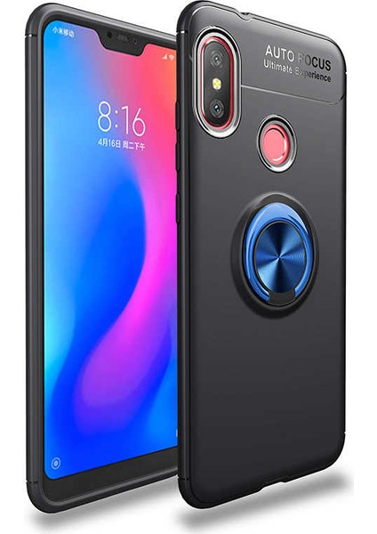 - Xiaomi Redmi Note 6 Pro - Kılıf Yüzüklü Karbon Ravel Silikon Kapak - Siyah-Mavi - T11038