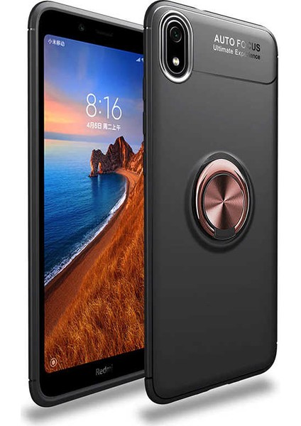 - Xiaomi Redmi 7A - Kılıf Yüzüklü Karbon Ravel Silikon Kapak - Siyah-Rose Gold - T10543