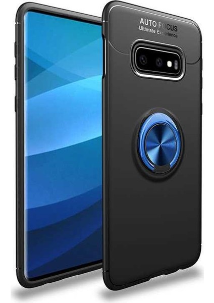 - Samsung Galaxy S10E - Kılıf Yüzüklü Karbon Ravel Silikon Kapak - Siyah-Mavi - T7534