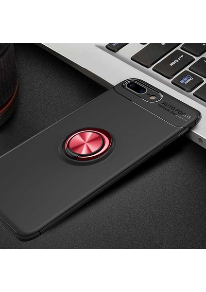 - Apple iPhone 7 Plus - Kılıf Yüzüklü Karbon Ravel Silikon Kapak - Siyah-Kırmızı