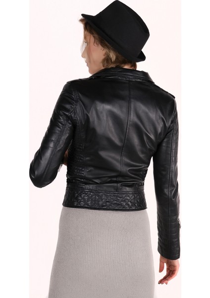 Gamze Model Kadın Siyah Deri Ceket modelleri