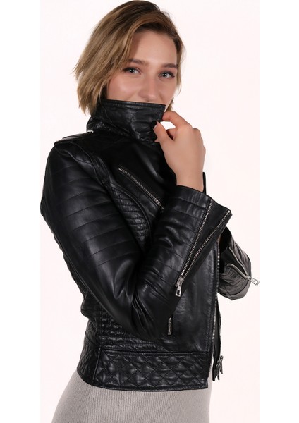 Gamze Model Kadın Siyah Deri Ceket indirimleri