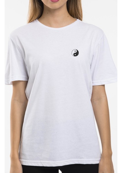 Yin Yang Baskılı Oversize Bisiklet Yaka Kadın Tişört