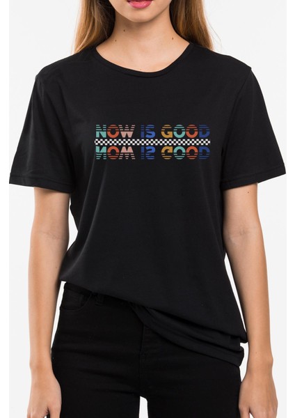 Now Is Good Baskılı Oversize Bisiklet Yaka Kadın Tişört