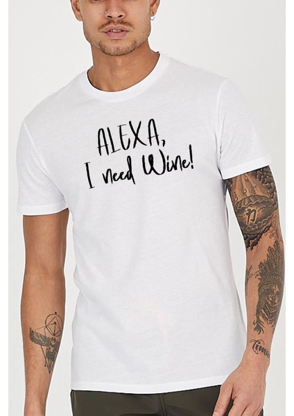 Alexa I Need Wine Baskılı Bisiklet Yaka Erkek Tişört