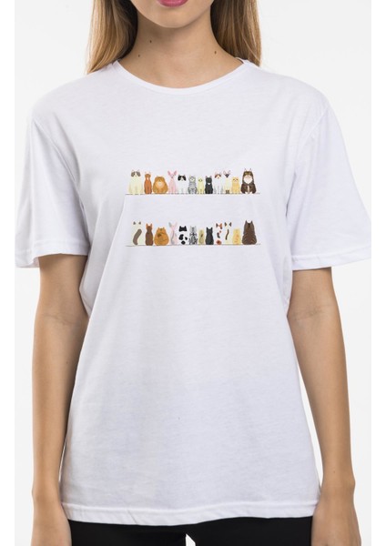 Kedi Baskılı Oversize Bisiklet Yaka Kadın Tişört