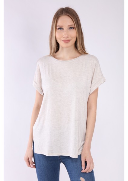 Kadın Bejmelanj Oversize Yaka T-Shirt