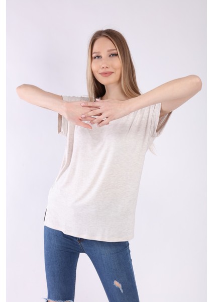 Kadın Bejmelanj Oversize Yaka T-Shirt