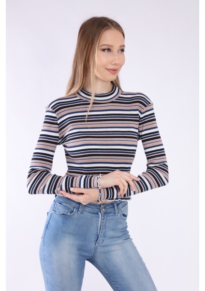 Kadın Çizgili Yarım Balıkçı Uzun Kol T-Shirt modelleri