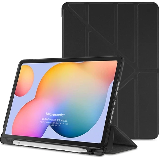Fuchsia Samsung Galaxy Tab S6 Lite Sm P610 10.4 Kılıf Kalem Bölmeli Tri Folding Smart Standlı Pu Deri Arkası Yumuşak  360 Tam Koruma Siyah
