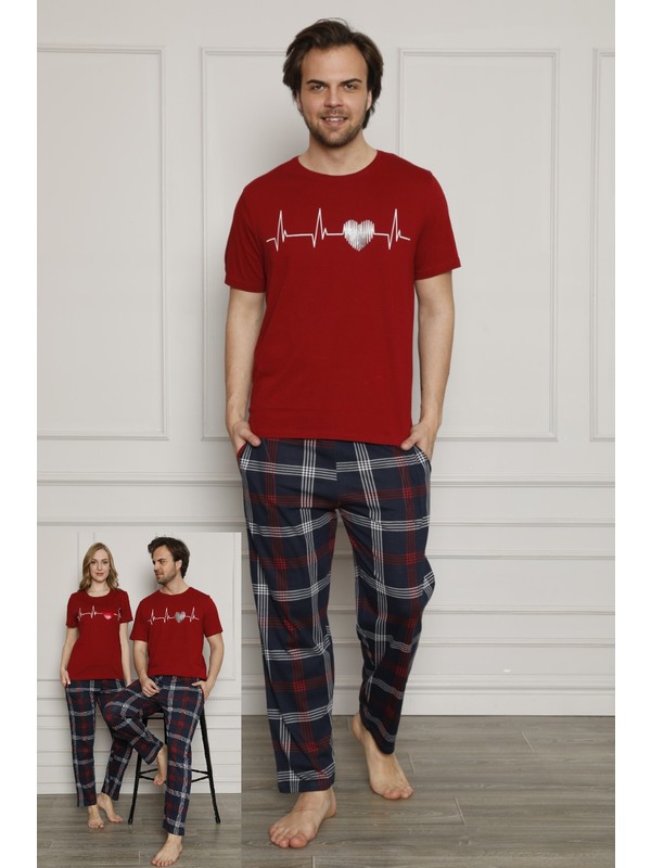 Pijamawome Erkek Baskili Sevgili Cift Bordo Pamuklu Pijama Fiyati