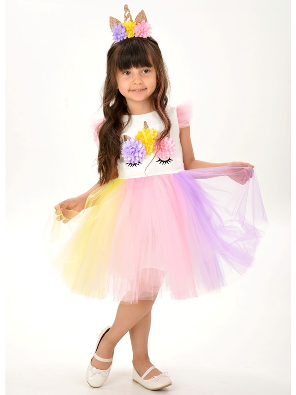 Buse & Eylül Bebe Unicorn Taçlı Rengarenk Kız Çocuk Parti Elbisesi