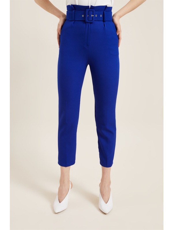 Z Giyim Kadın Saks Mavisi Kemerli Yüksek Bel Kumaş Pantolon