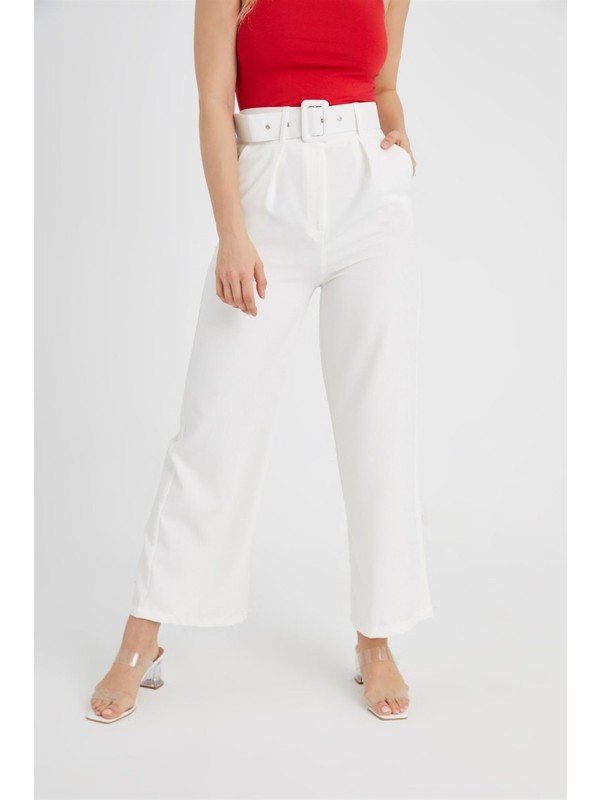 Z Giyim Kadın Beyaz Yüksek Bel Kemerli Kumaş Pantolon