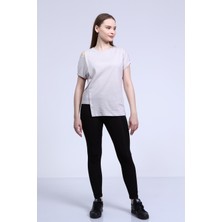 Neslice Kadın Taş Rengi Tek Omuz Açık Asimetrik Kesim Double Kol T-Shirt