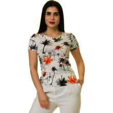 Exve Exclusive Bej Palmiye Baskılı Pamuk Bisiklet Yaka Kadın Tişört T-Shirt