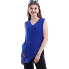 Self Clothing Kadın Saks V Yaka Cep ve Yırtmaç Detaylı