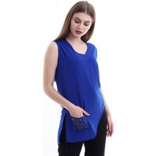 Self Clothing Kadın Saks V Yaka Cep ve Yırtmaç Detaylı