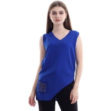 Self Clothing Kadın Saks V Yaka Cep ve Yırtmaç Detaylı